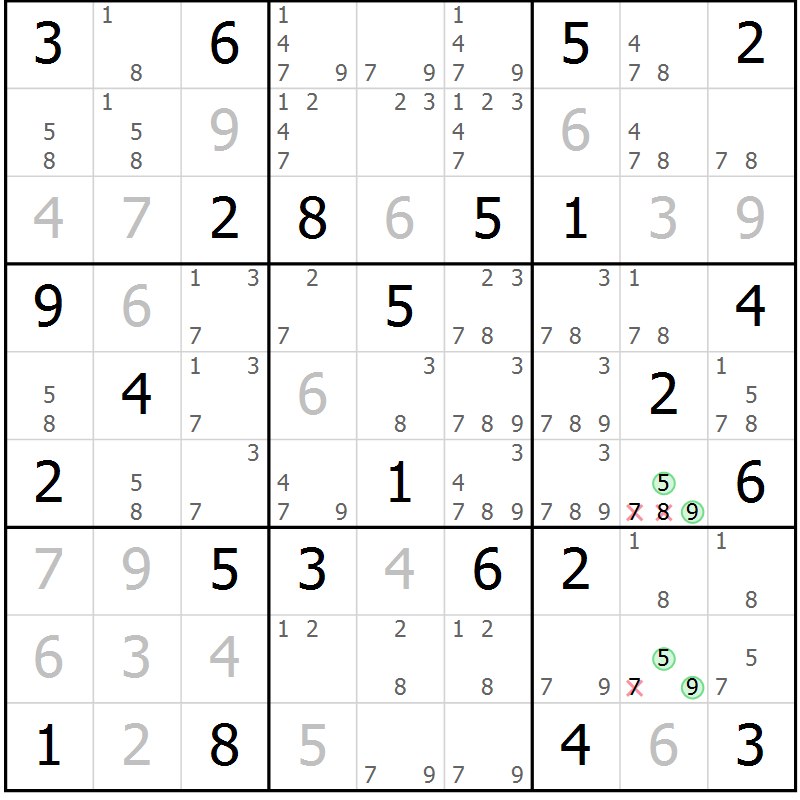 Position des candidats pour la solution de la Gr 52 page 55 du magazine de sudoku Maestro n° 094
