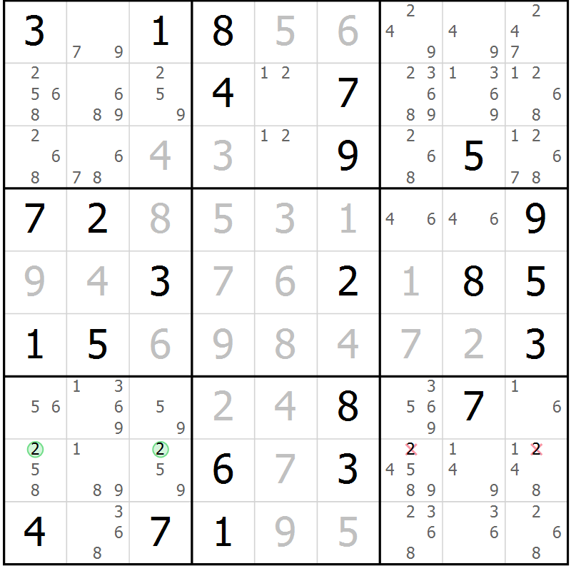 Position des candidats pour la solution de la Gr 54 page 57 du magazine de sudoku Maestro n° 094