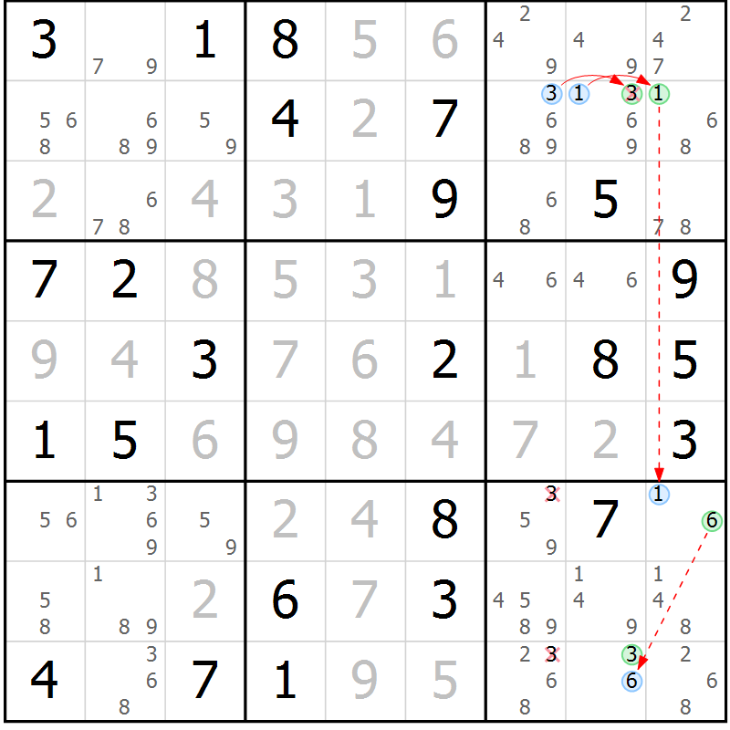 Position des candidats pour la solution de la Gr 54 page 57 du magazine de sudoku Maestro n° 094