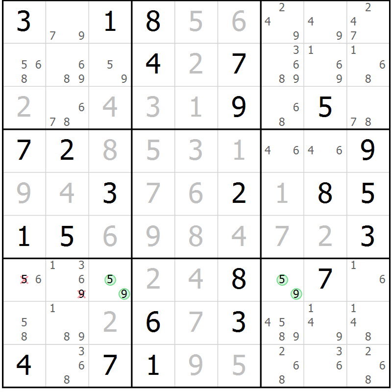 Position des candidats pour la solution de la Gr 54 page 57 du magazine de sudoku Maestro n° 094