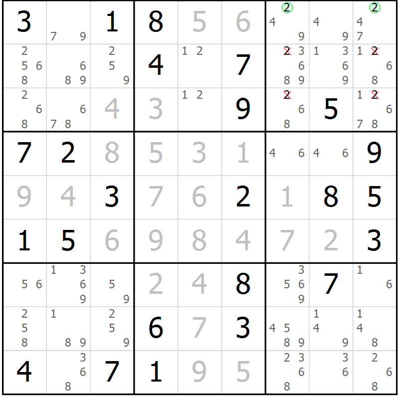Position des candidats pour la solution de la Gr 54 page 57 du magazine de sudoku Maestro n° 094