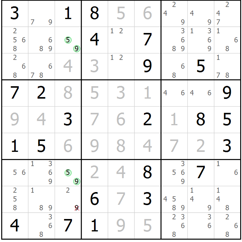 Position des candidats pour la solution de la Gr 54 page 57 du magazine de sudoku Maestro n° 094