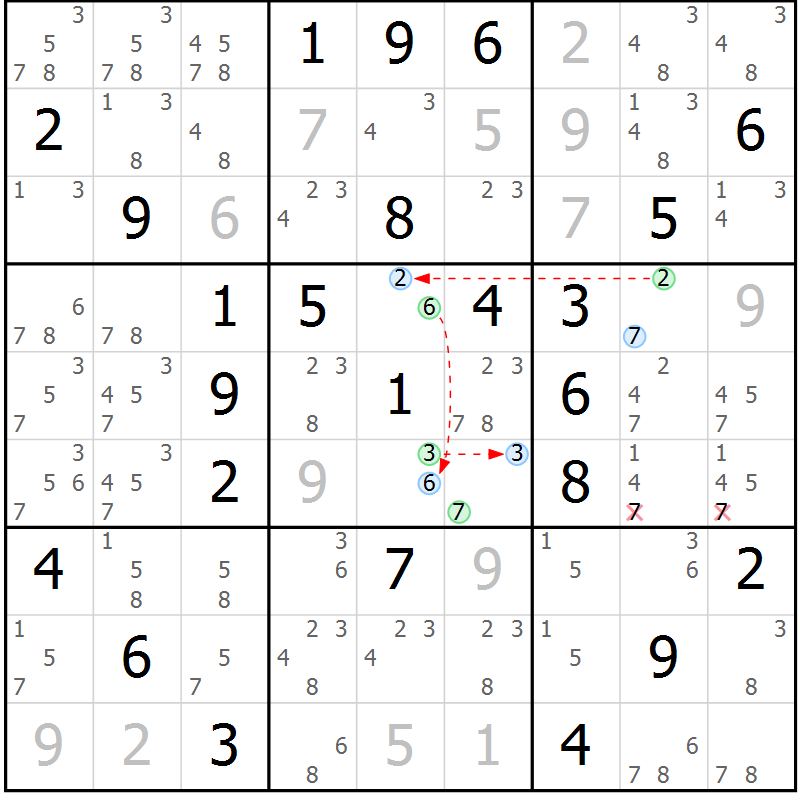 Position des candidats pour la solution de la Gr 55 page 58 du magazine de sudoku Maestro n° 094