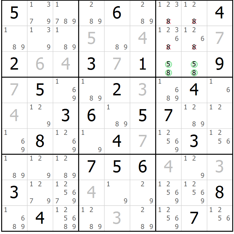 Position des candidats pour la solution de la Gr 56 page 59 du magazine de sudoku Maestro n° 094