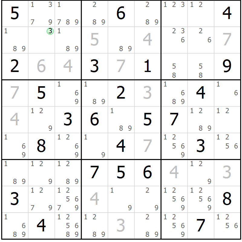 Position des candidats pour la solution de la Gr 56 page 59 du magazine de sudoku Maestro n° 094