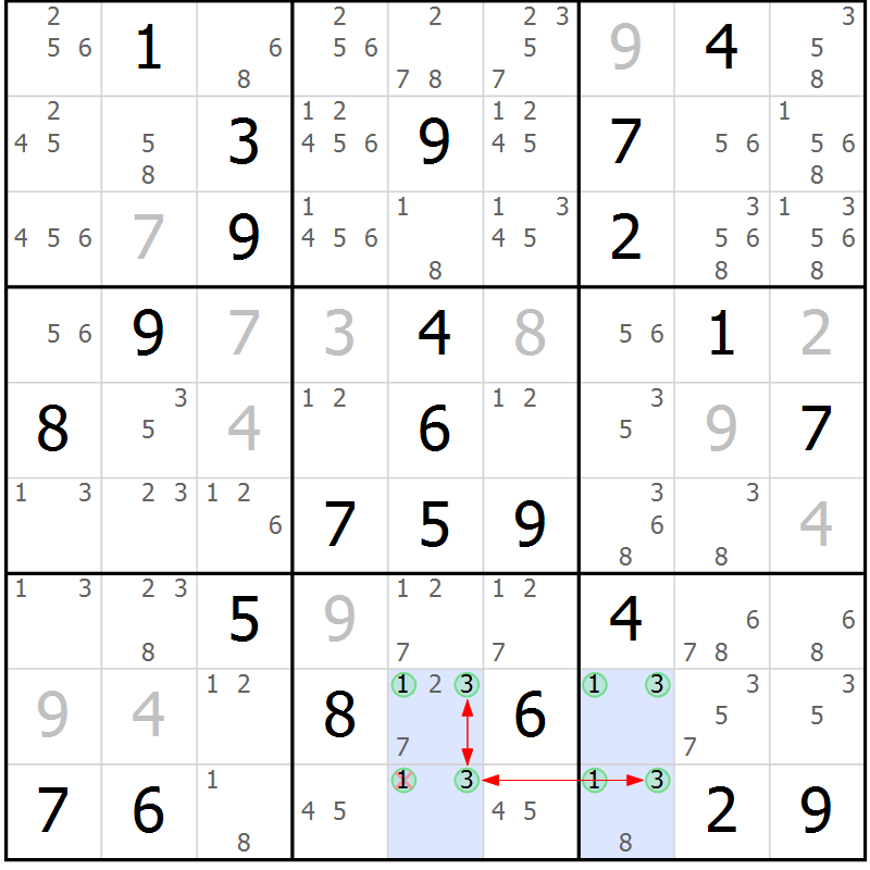 Position des candidats pour la solution de la Gr 57 page 60 du magazine de sudoku Maestro n° 094