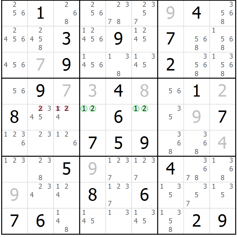 Position des candidats pour la solution de la Gr 57 page 60 du magazine de sudoku Maestro n° 094