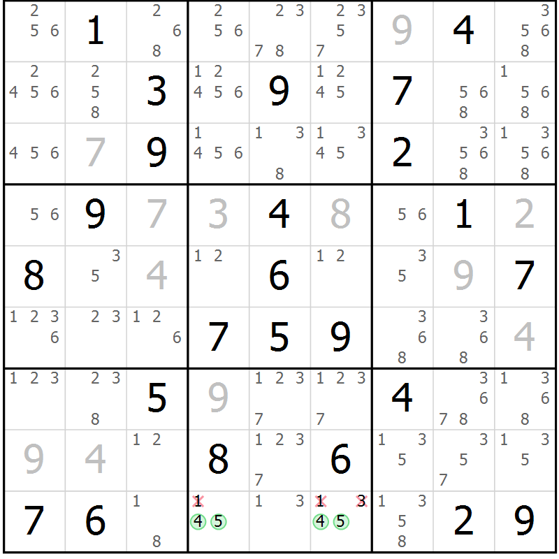 Position des candidats pour la solution de la Gr 57 page 60 du magazine de sudoku Maestro n° 094