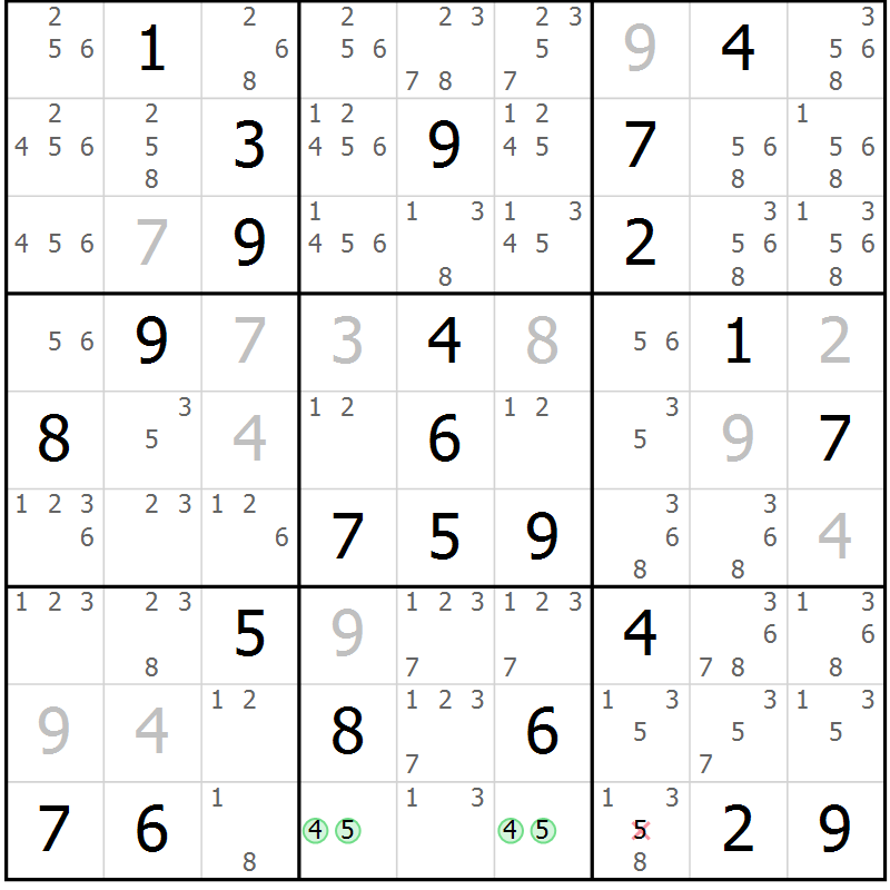Position des candidats pour la solution de la Gr 57 page 60 du magazine de sudoku Maestro n° 094