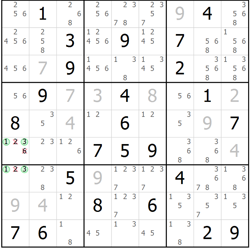 Position des candidats pour la solution de la Gr 57 page 60 du magazine de sudoku Maestro n° 094