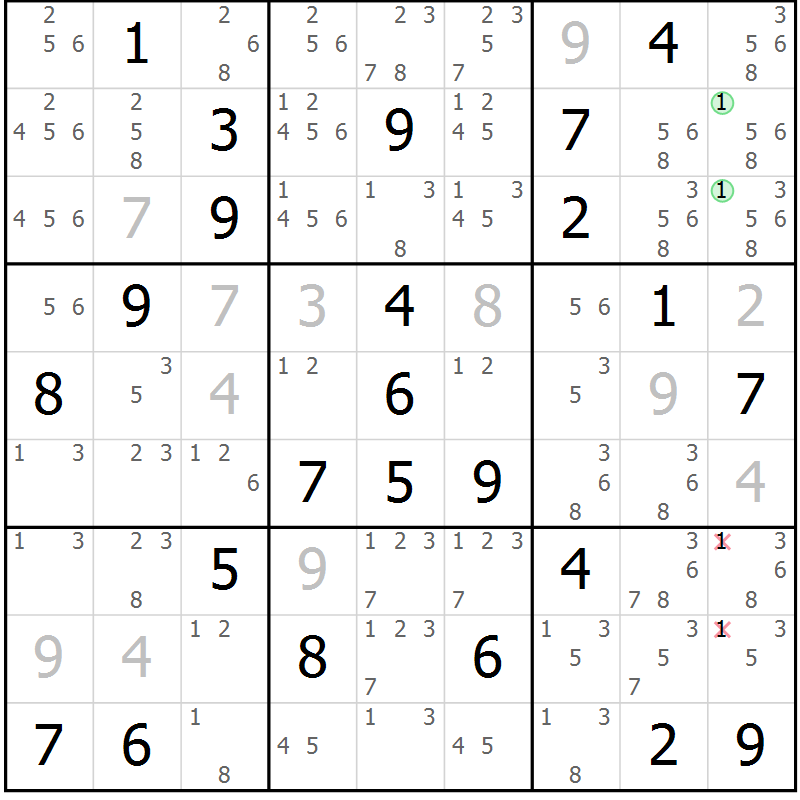 Position des candidats pour la solution de la Gr 57 page 60 du magazine de sudoku Maestro n° 094