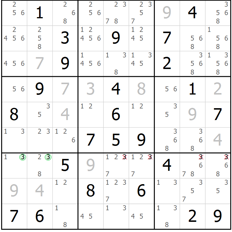 Position des candidats pour la solution de la Gr 57 page 60 du magazine de sudoku Maestro n° 094
