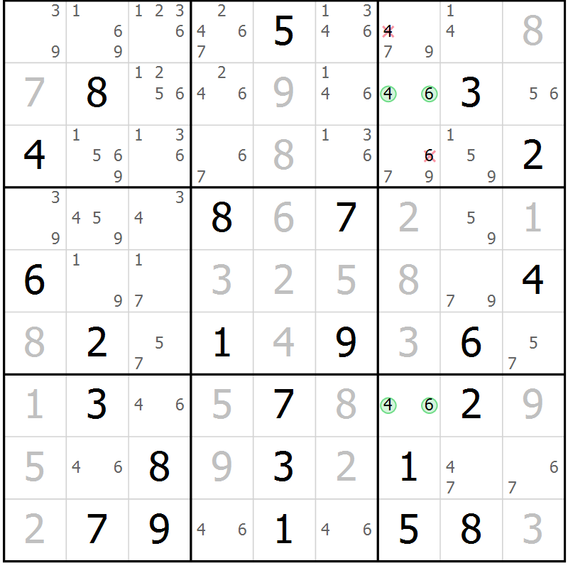 Position des candidats pour la solution de la Gr 58 page 61 du magazine de sudoku Maestro n° 094
