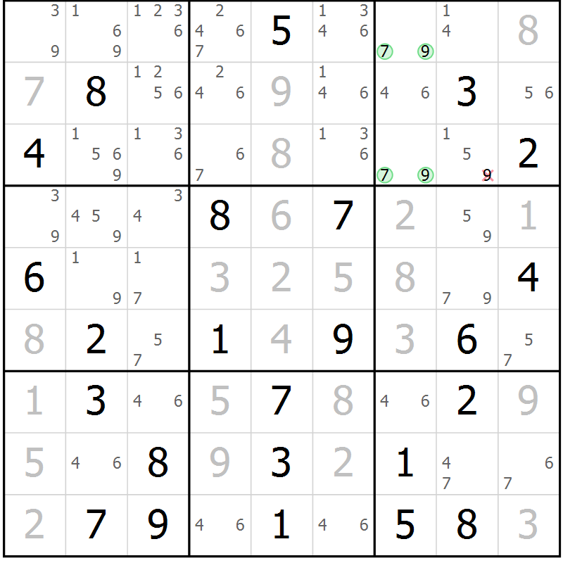Position des candidats pour la solution de la Gr 58 page 61 du magazine de sudoku Maestro n° 094
