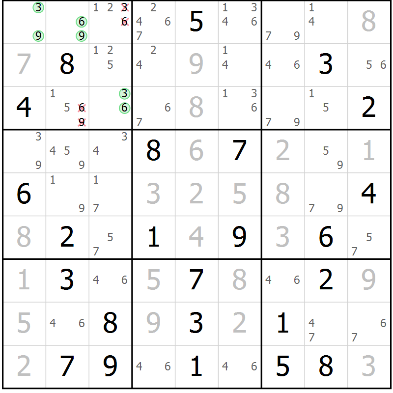 Position des candidats pour la solution de la Gr 58 page 61 du magazine de sudoku Maestro n° 094