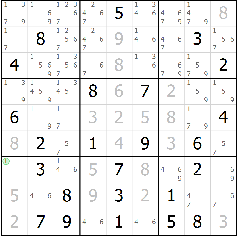 Position des candidats pour la solution de la Gr 58 page 61 du magazine de sudoku Maestro n° 094