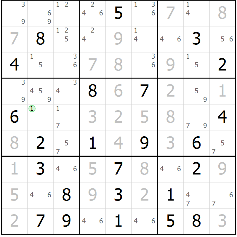 Position des candidats pour la solution de la Gr 58 page 61 du magazine de sudoku Maestro n° 094