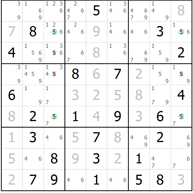 Position des candidats pour la solution de la Gr 58 page 61 du magazine de sudoku Maestro n° 094