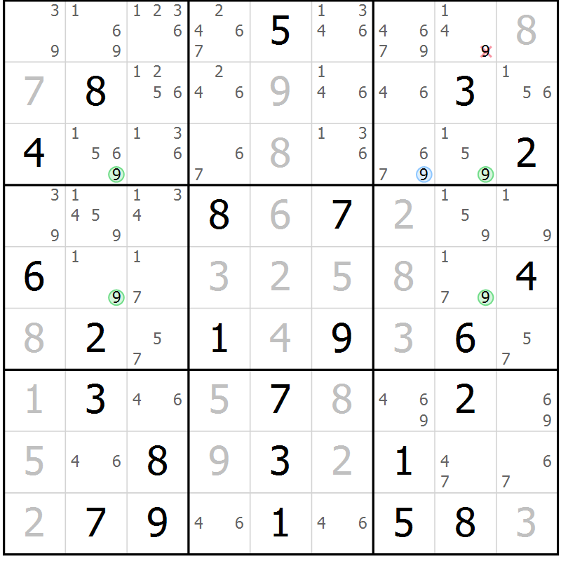 Position des candidats pour la solution de la Gr 58 page 61 du magazine de sudoku Maestro n° 094