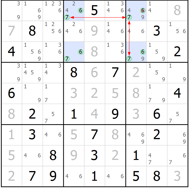Position des candidats pour la solution de la Gr 58 page 61 du magazine de sudoku Maestro n° 094