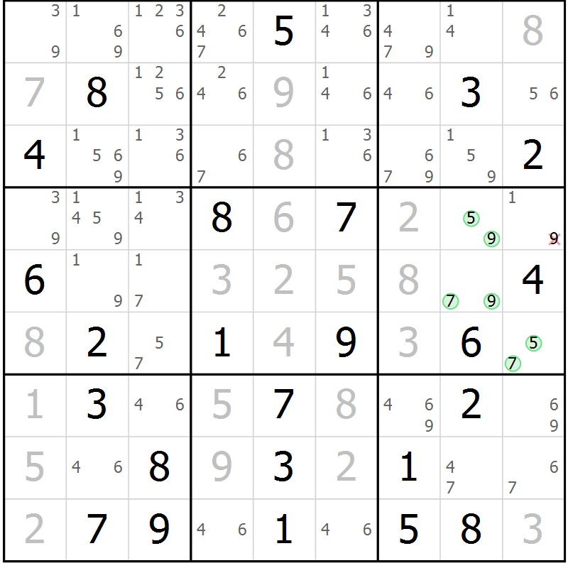 Position des candidats pour la solution de la Gr 58 page 61 du magazine de sudoku Maestro n° 094