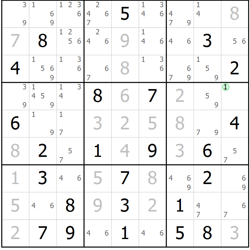 Position des candidats pour la solution de la Gr 58 page 61 du magazine de sudoku Maestro n° 094