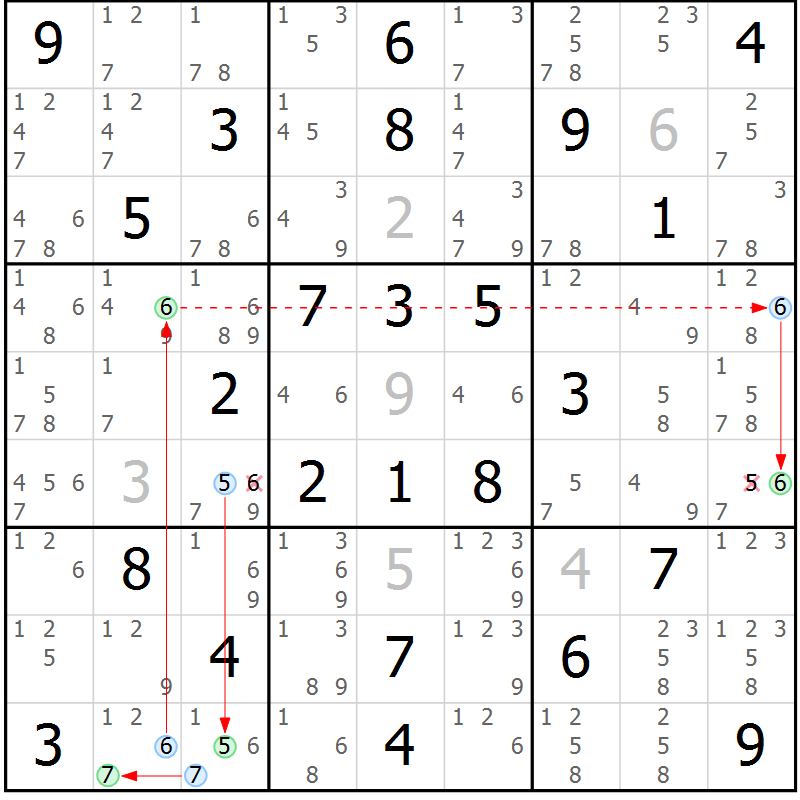Position des candidats pour la solution de la Gr 59 page 62 du magazine de sudoku Maestro n° 094