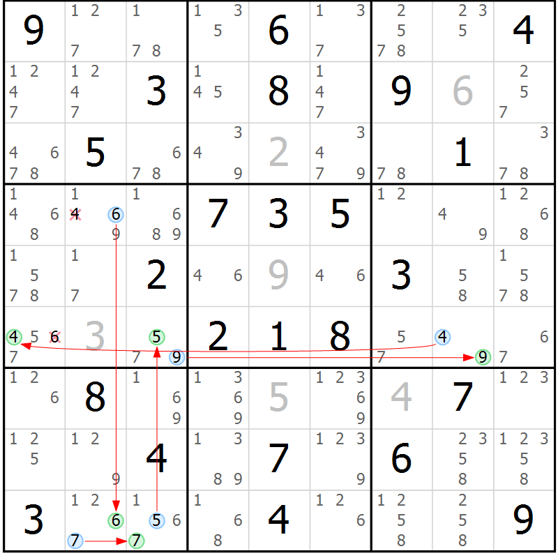 Position des candidats pour la solution de la Gr 59 page 62 du magazine de sudoku Maestro n° 094