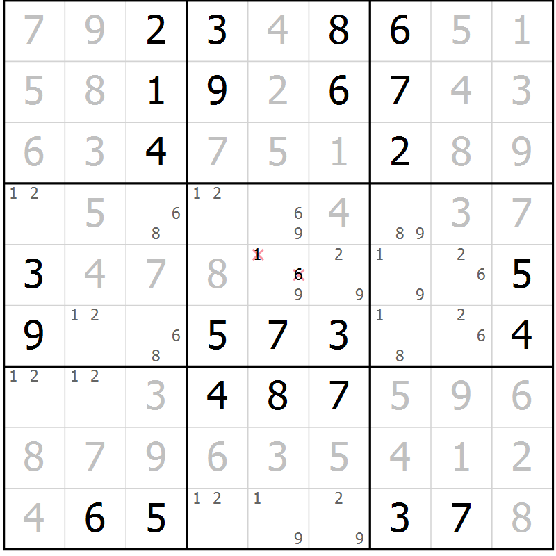 Position des candidats pour la solution de la Gr 6 page 9 du magazine de sudoku Maestro n° 094