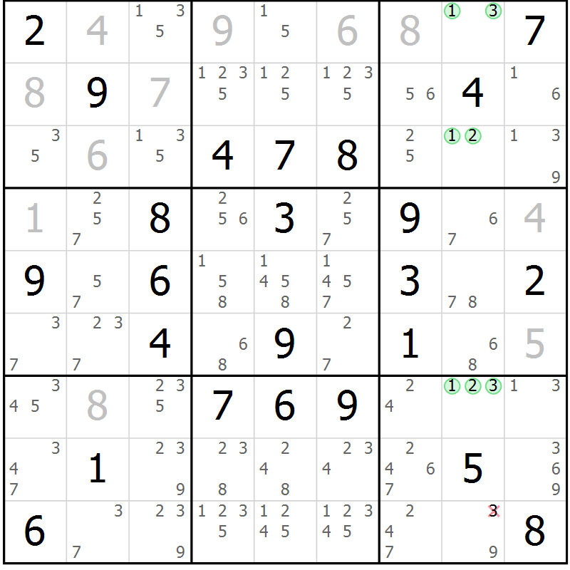 Position des candidats pour la solution de la Gr 62 page 65 du magazine de sudoku Maestro n° 094