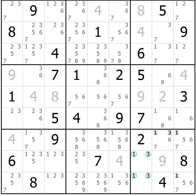 Position des candidats pour la solution de la Gr 63 page 66 du magazine de sudoku Maestro n° 094