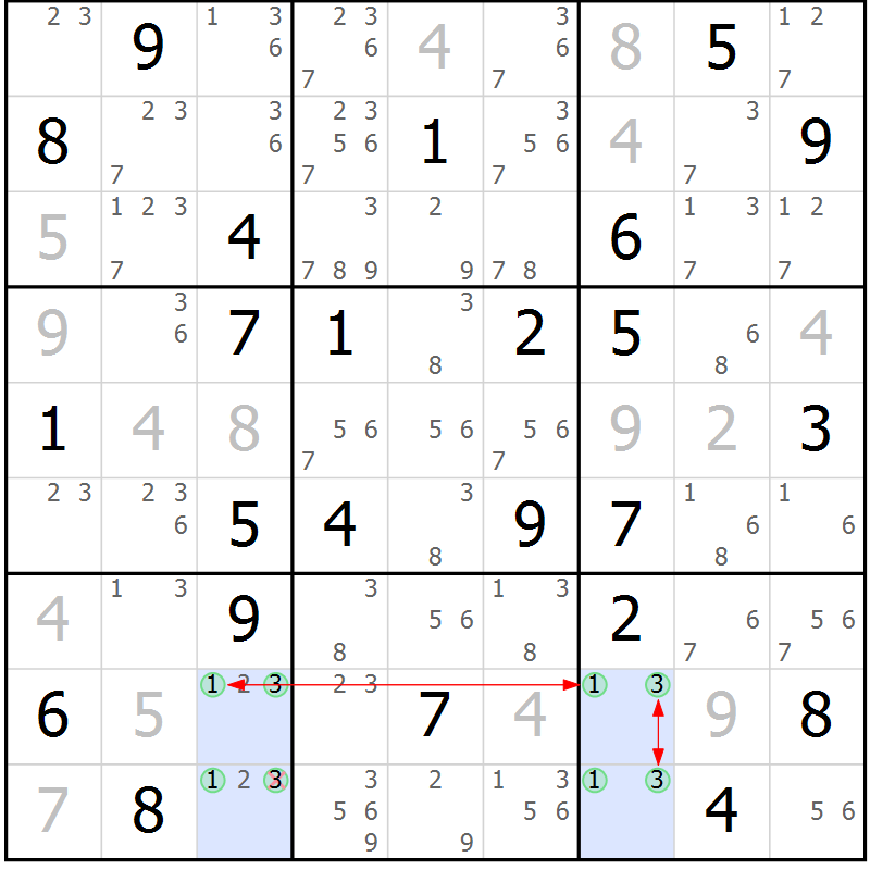 Position des candidats pour la solution de la Gr 63 page 66 du magazine de sudoku Maestro n° 094