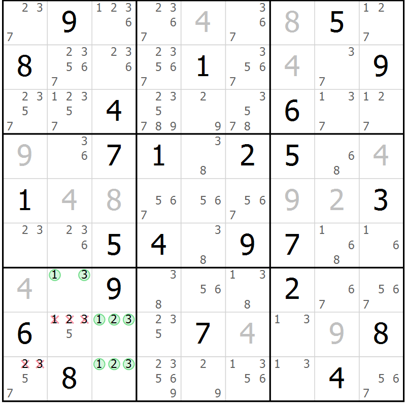 Position des candidats pour la solution de la Gr 63 page 66 du magazine de sudoku Maestro n° 094