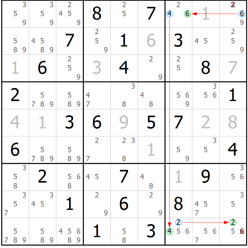 Position des candidats pour la solution de la Gr 64 page 67 du magazine de sudoku Maestro n° 094