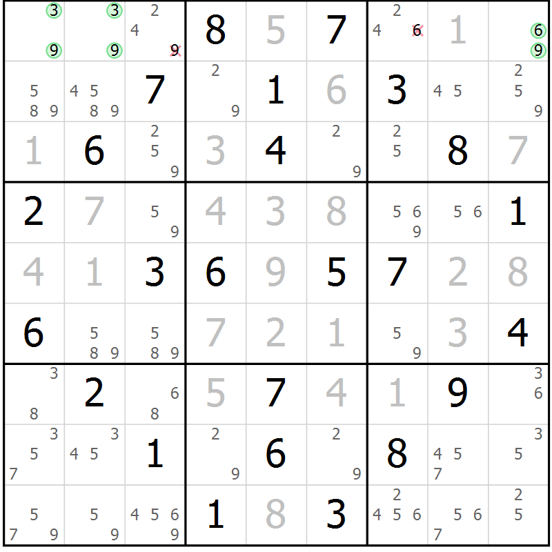 Position des candidats pour la solution de la Gr 64 page 67 du magazine de sudoku Maestro n° 094