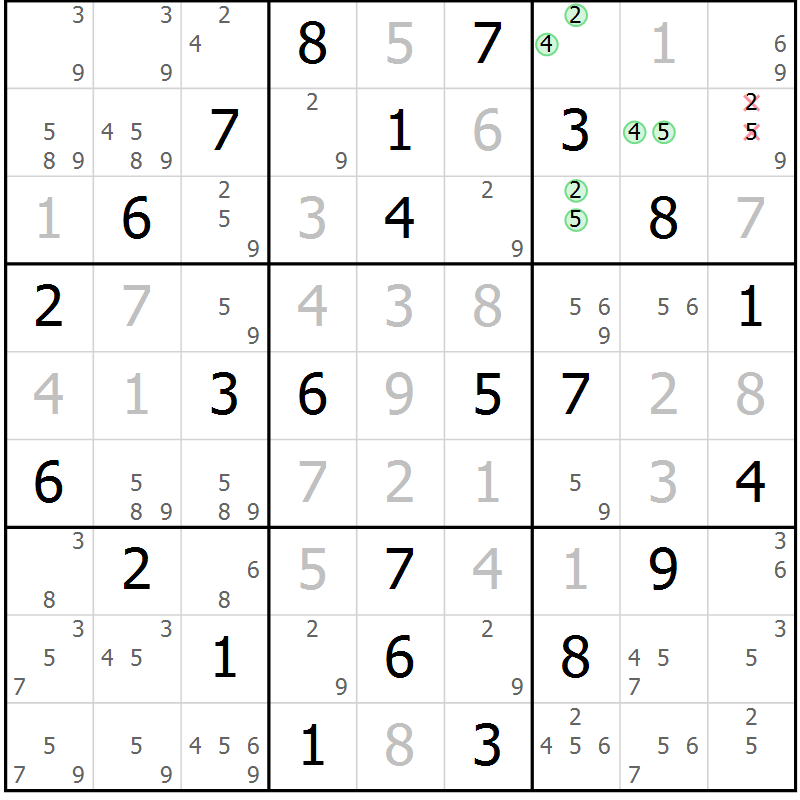 Position des candidats pour la solution de la Gr 64 page 67 du magazine de sudoku Maestro n° 094