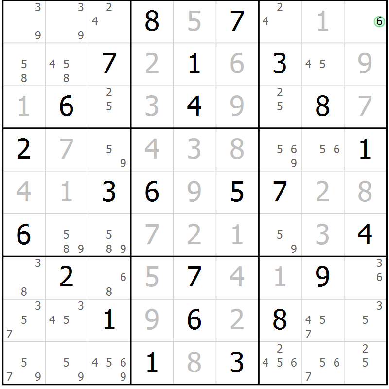 Position des candidats pour la solution de la Gr 64 page 67 du magazine de sudoku Maestro n° 094