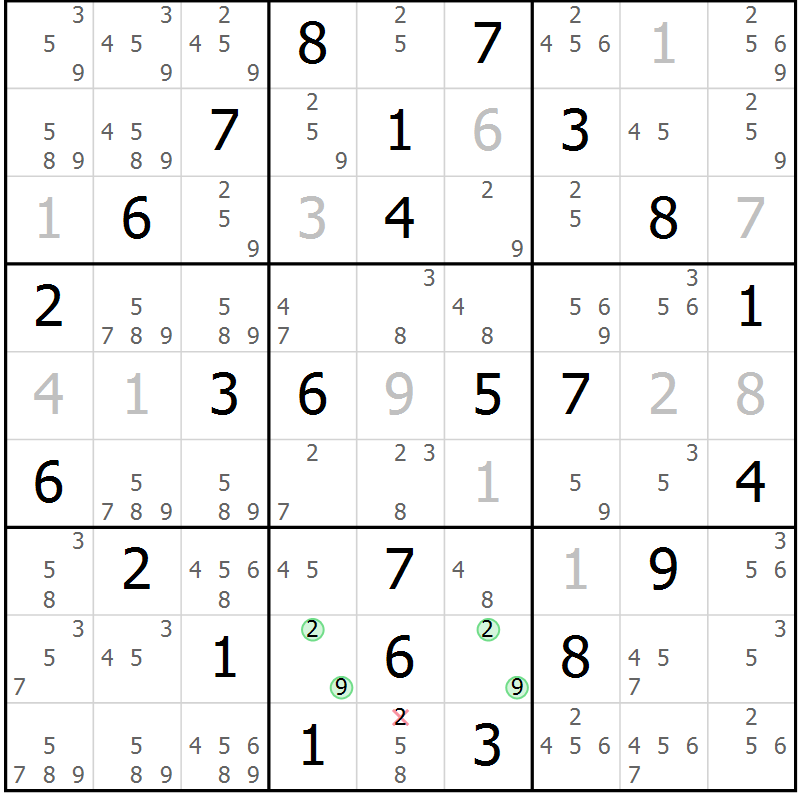 Position des candidats pour la solution de la Gr 64 page 67 du magazine de sudoku Maestro n° 094