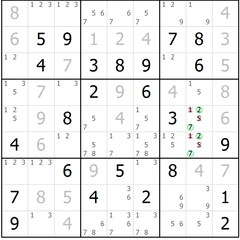 Position des candidats pour la solution de la Gr 65 page 68 du magazine de sudoku Maestro n° 094