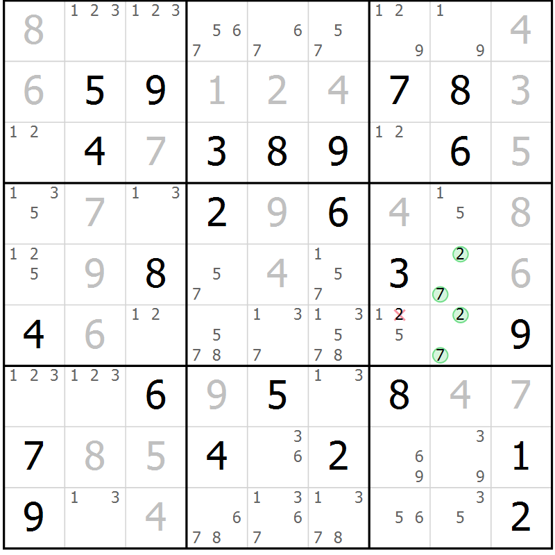 Position des candidats pour la solution de la Gr 65 page 68 du magazine de sudoku Maestro n° 094