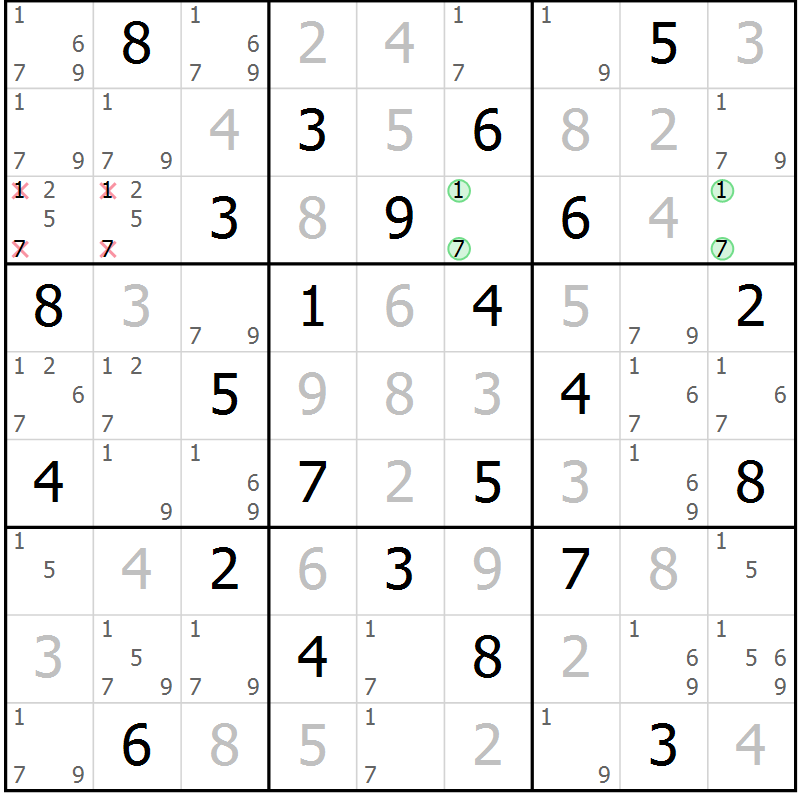 Position des candidats pour la solution de la Gr 67 page 70 du magazine de sudoku Maestro n° 094