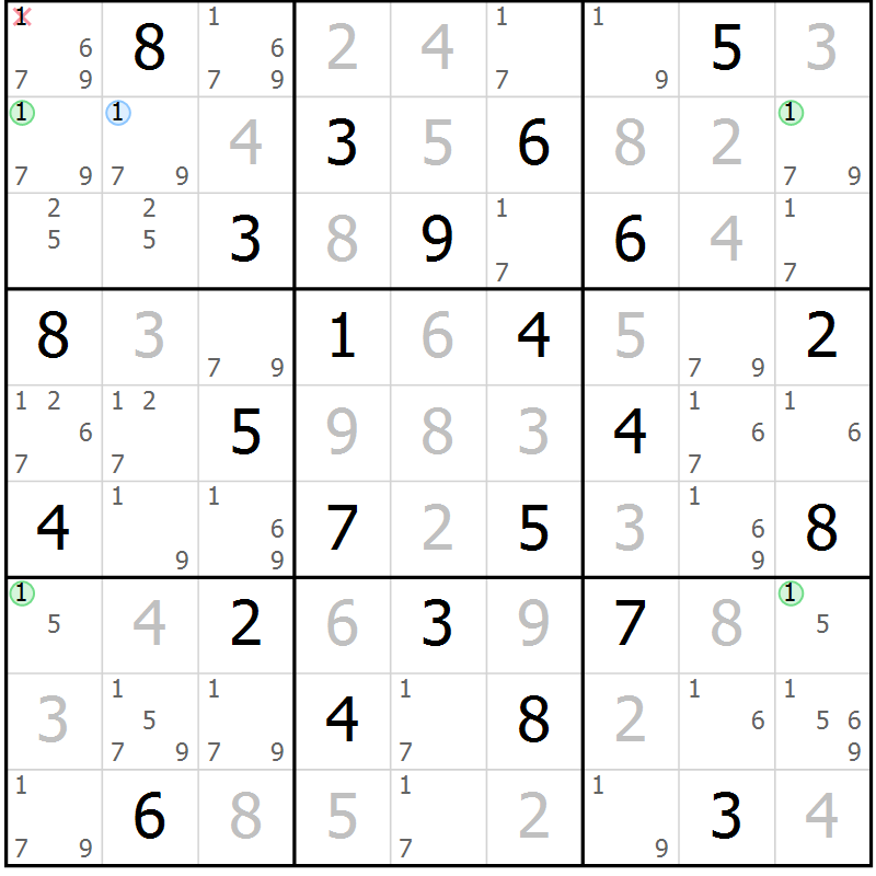 Position des candidats pour la solution de la Gr 67 page 70 du magazine de sudoku Maestro n° 094