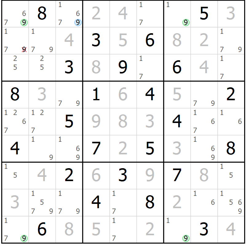 Position des candidats pour la solution de la Gr 67 page 70 du magazine de sudoku Maestro n° 094