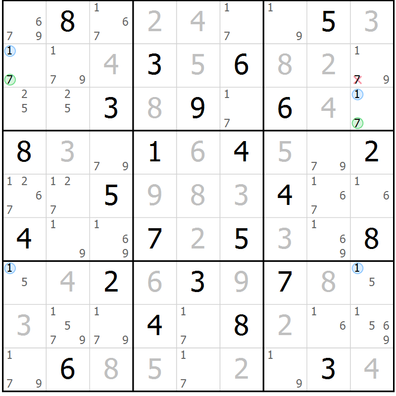 Position des candidats pour la solution de la Gr 67 page 70 du magazine de sudoku Maestro n° 094