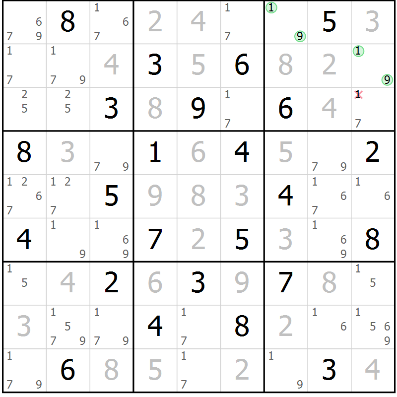 Position des candidats pour la solution de la Gr 67 page 70 du magazine de sudoku Maestro n° 094