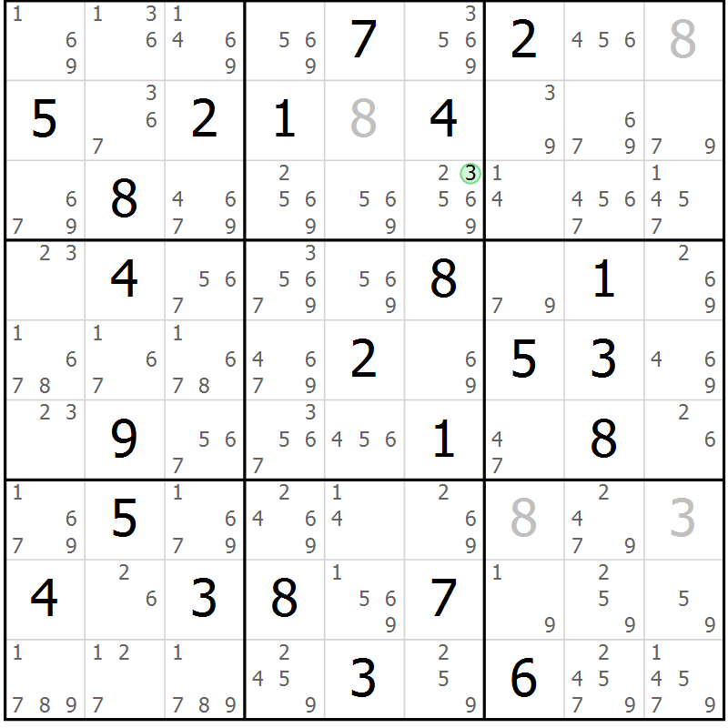 Position des candidats pour la solution de la Gr 69 page 72 du magazine de sudoku Maestro n° 094