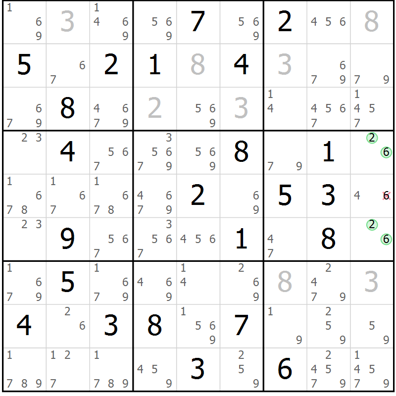 Position des candidats pour la solution de la Gr 69 page 72 du magazine de sudoku Maestro n° 094