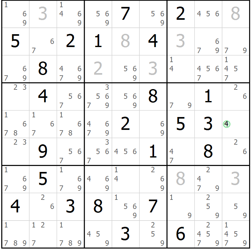 Position des candidats pour la solution de la Gr 69 page 72 du magazine de sudoku Maestro n° 094