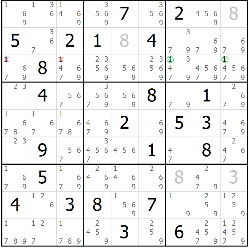 Position des candidats pour la solution de la Gr 69 page 72 du magazine de sudoku Maestro n° 094