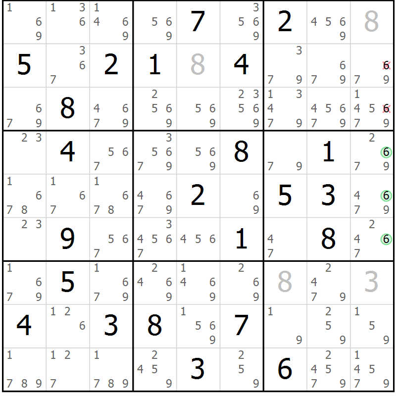 Position des candidats pour la solution de la Gr 69 page 72 du magazine de sudoku Maestro n° 094